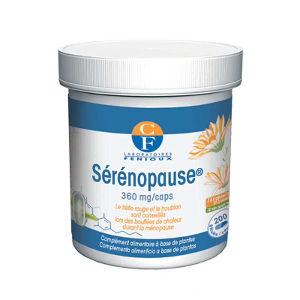 Pot cylindrique blanc avec étiquette bleue. Inscription: Sérénopause®, 360 mg/caps. Logo et illustrations florales.