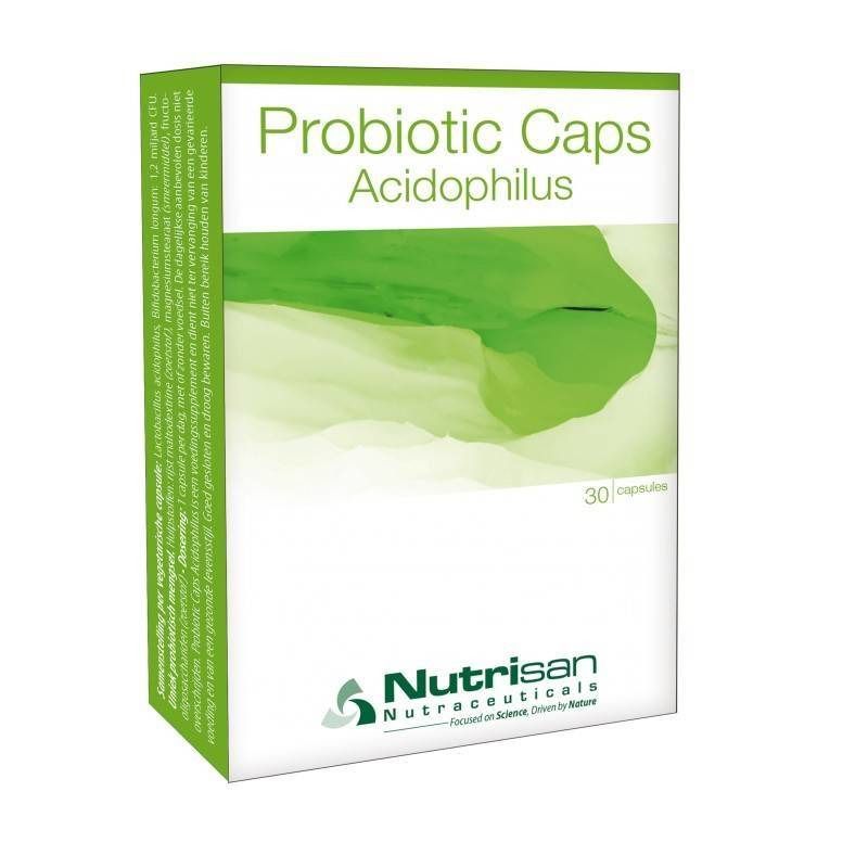 Boîte blanche avec "Probiotic Caps Acidophilus". 30 gélules. Marque Nutrisan.