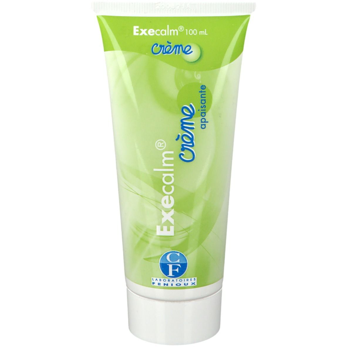 Tube mit Creme. Aufschrift: Exe calm, Crème apaisante. Grün-weiß. 100 ml.