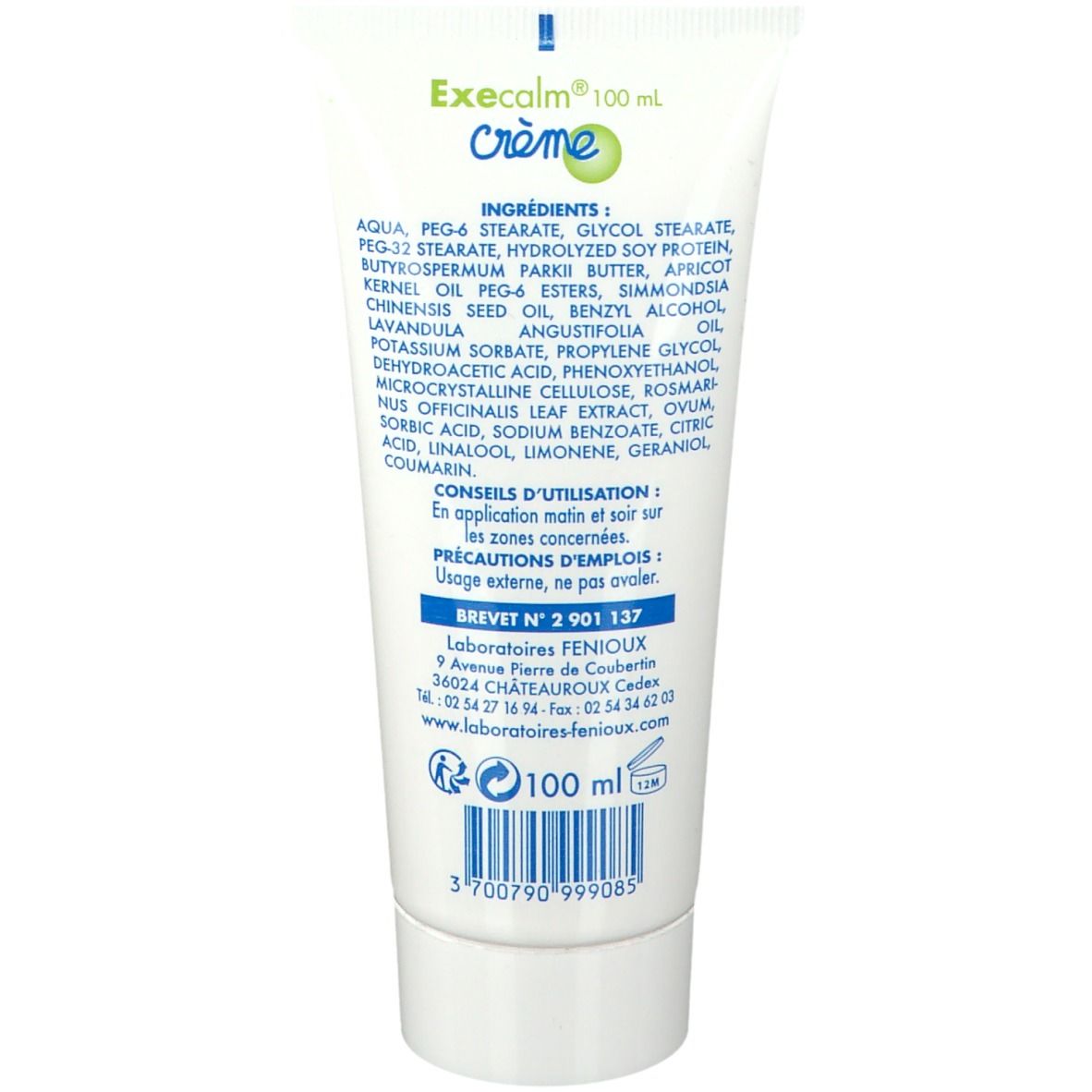 Rückseite der Tube. Aufschrift: Inhaltsstoffe, Anwendungshinweise, Brevet N° 2 901 137, 100 ml.