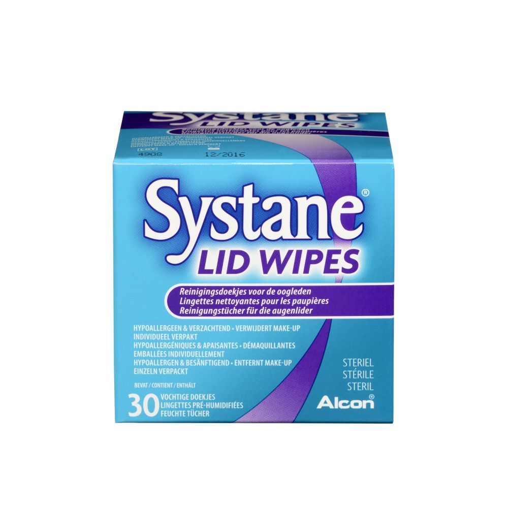 Boîte bleue et blanche "Systane Lid Wipes". Contient 30 lingettes. Stérile, hypoallergénique, pour paupières.