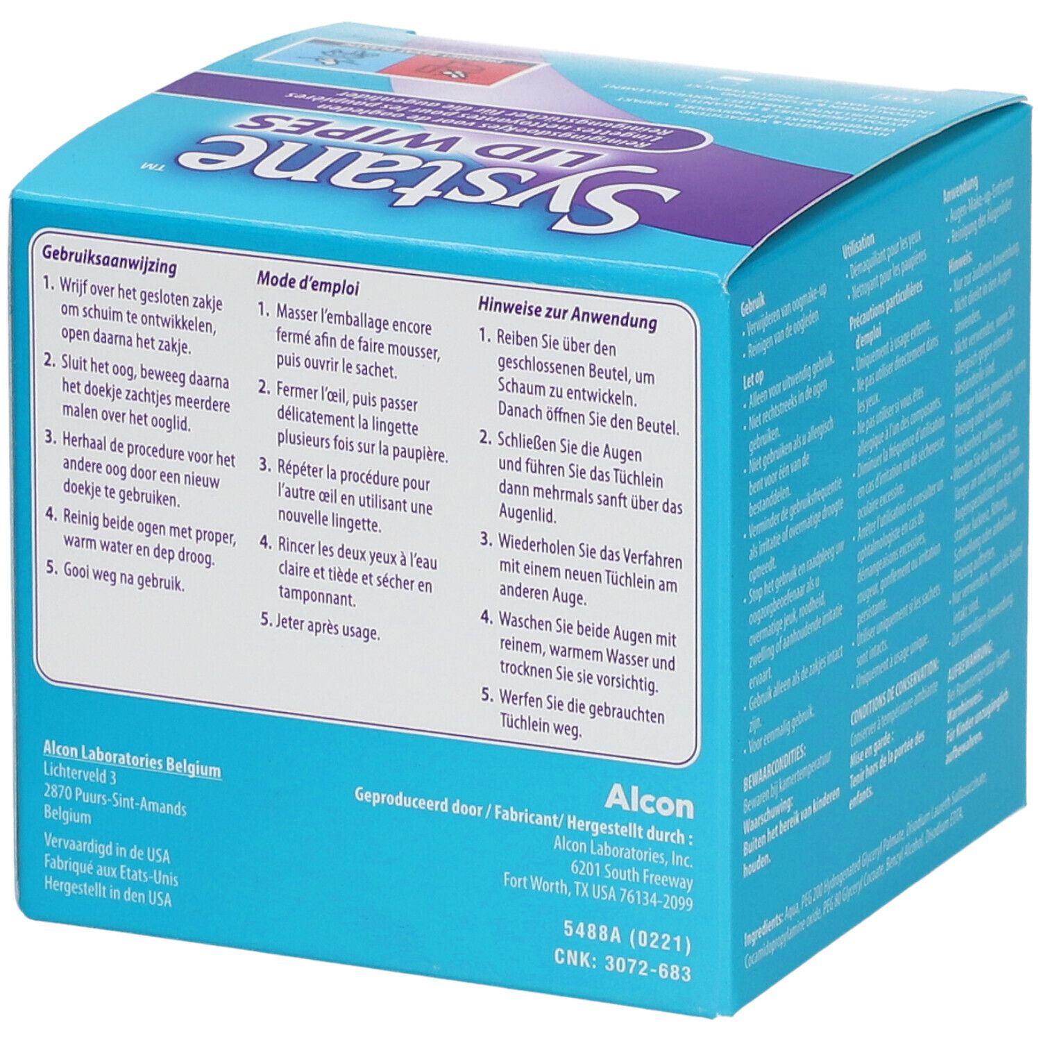 Blaue Schachtel "Systane Lid Wipes". Oberseite mit Anwendungshinweisen. Enthält 30 Tücher. Steril.