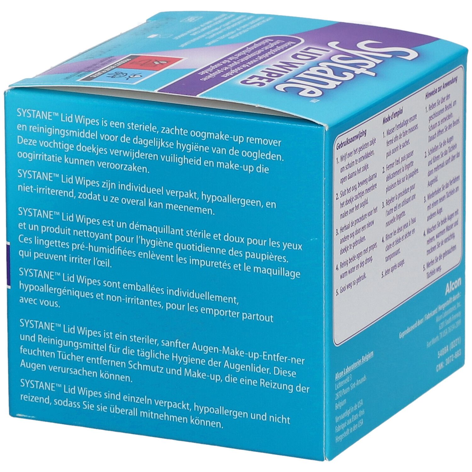 Blaue Schachtel "Systane Lid Wipes". Text über Eigenschaften und Anwendung. Enthält 30 Tücher. Steril.