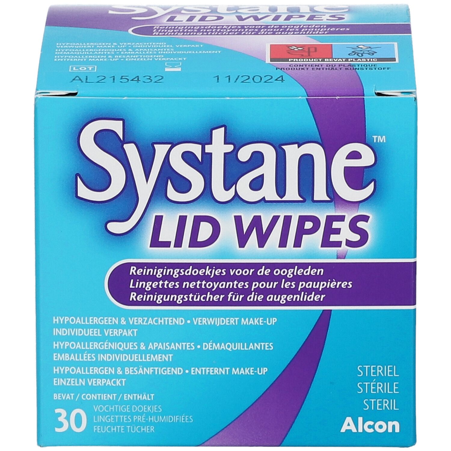 Blau-weiße Schachtel "Systane Lid Wipes". Enthält 30 Tücher. Steril, hypoallergen, für Augenlider.