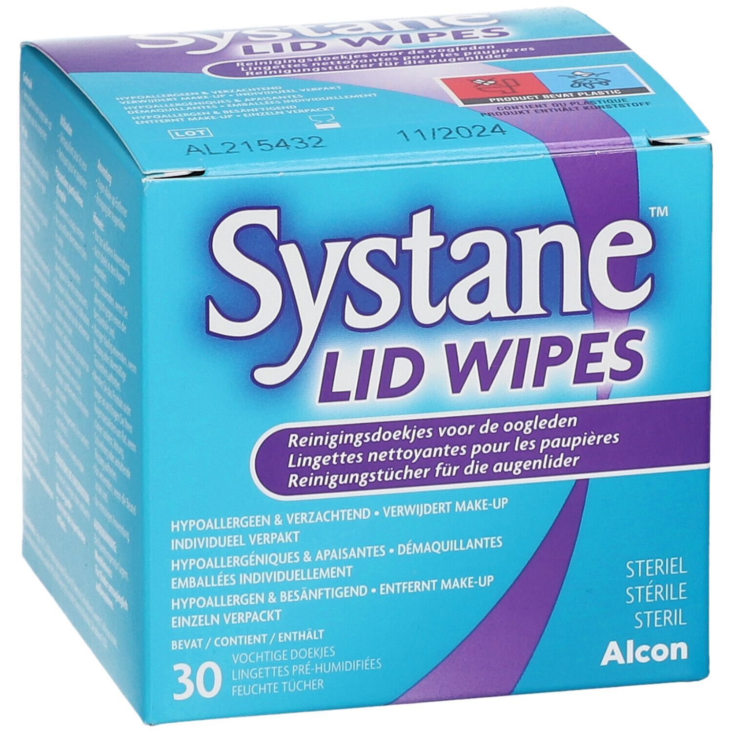 Blau-weiße Schachtel "Systane Lid Wipes". Enthält 30 Tücher. Steril, hypoallergen, für Augenlider.