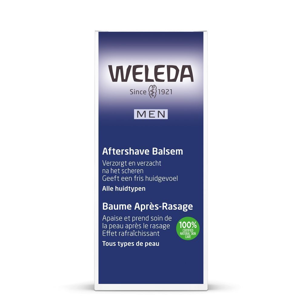 Emballage bleu avec texte: WELEDA, MEN, Baume Après-Rasage. Contient du texte en néerlandais et français. Certification 100% naturelle.