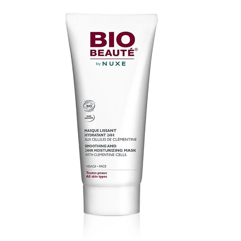 Tube blanc avec logo "BIO BEAUTÉ" rouge. Texte : "Masque Lissant Hydratant 24H". Certification bio.