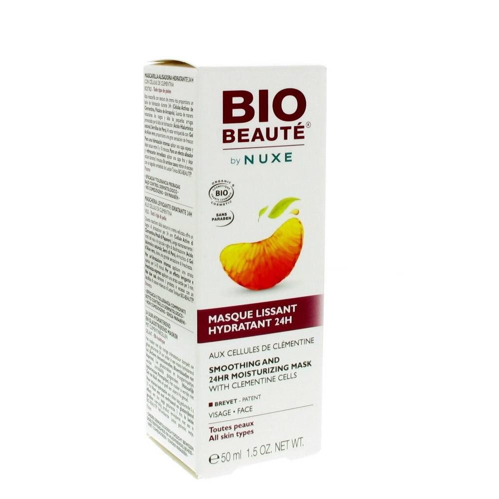 Boîte avec logo "BIO BEAUTÉ" et illustration de mandarine. Texte : "Masque Lissant Hydratant 24H". Certification bio.