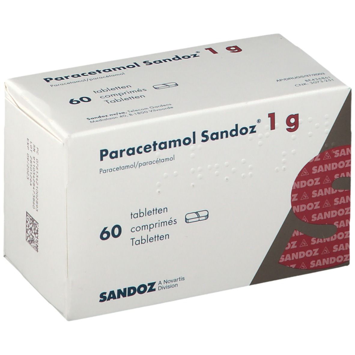 Boîte blanche Paracetamol Sandoz 1g. Contient 60 comprimés. Logo Sandoz en bas.