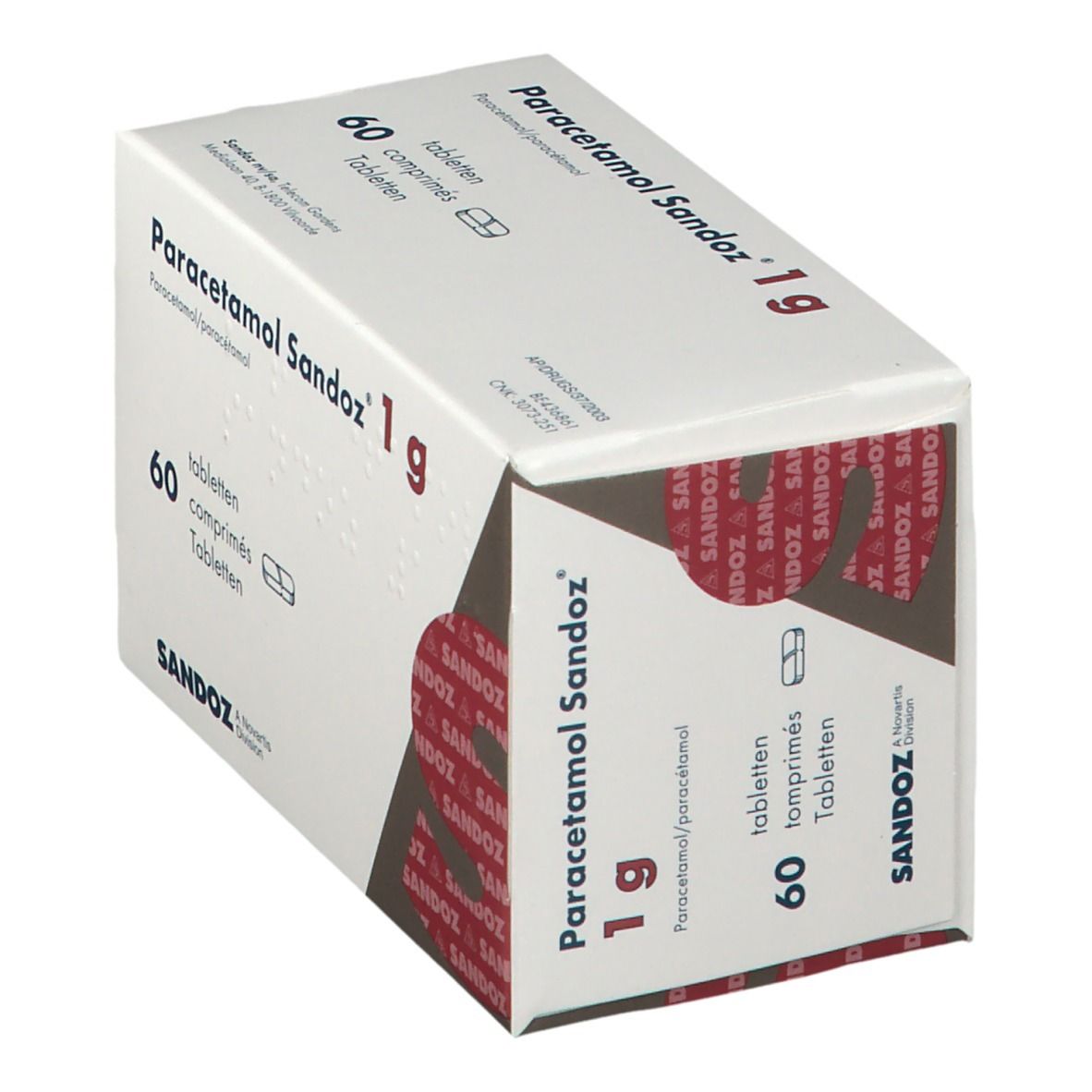 Boîte blanche Paracetamol Sandoz 1g ouverte. 60 comprimés. Emballage rouge visible.