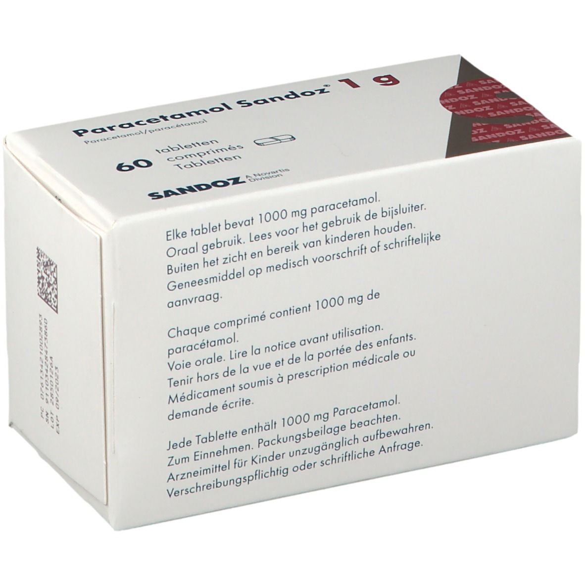 Boîte blanche Paracetamol Sandoz 1g. Texte en allemand, néerlandais et français. 60 comprimés.