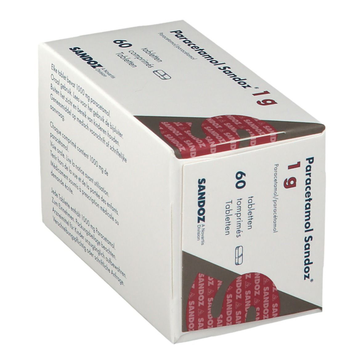 Boîte blanche Paracetamol Sandoz 1g ouverte. 60 comprimés. Texte multilingue.