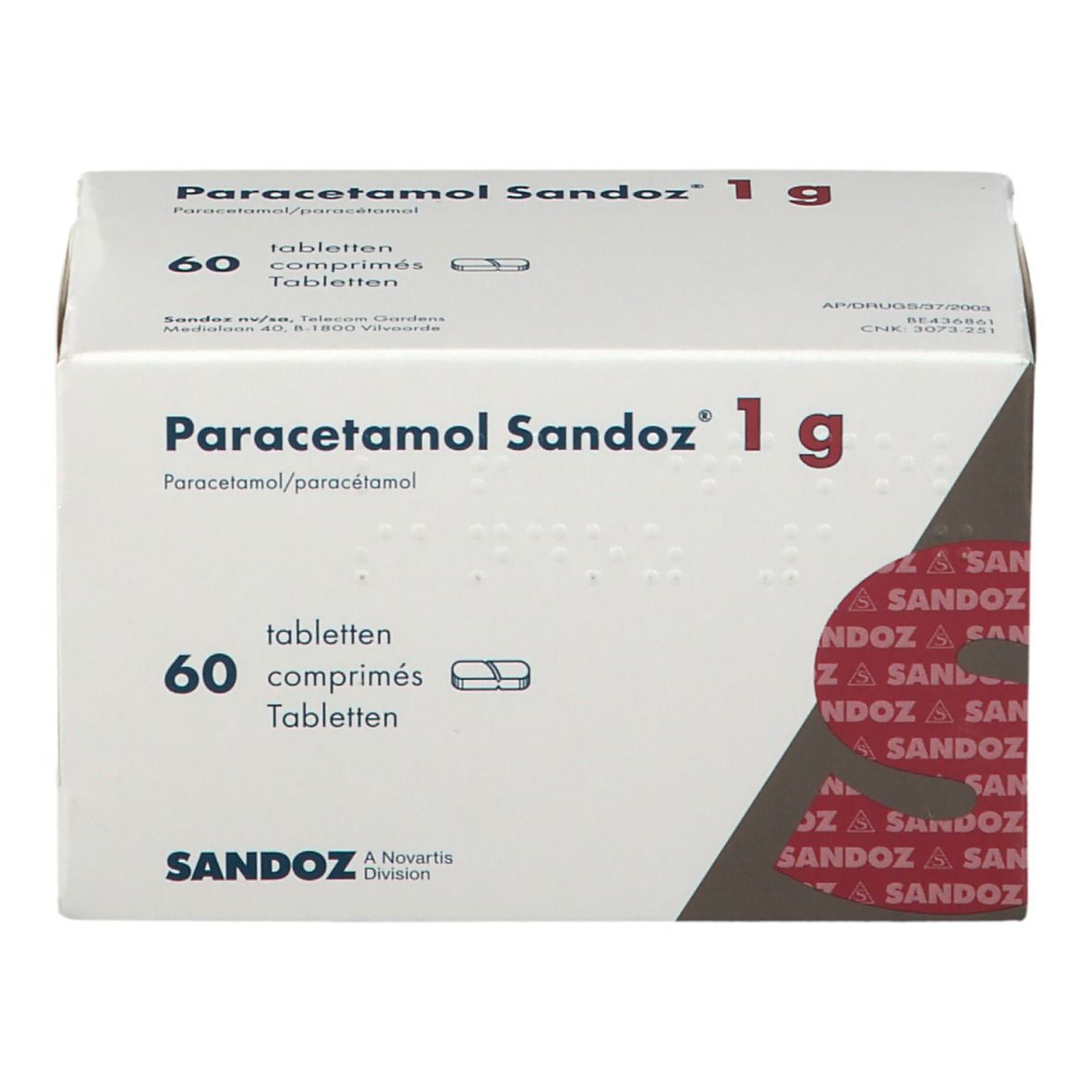 Boîte blanche Paracetamol Sandoz 1g. 60 comprimés. Logo Sandoz. Division Novartis.