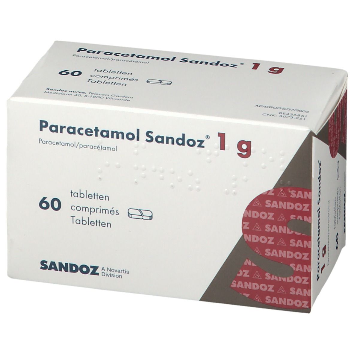 Boîte blanche Paracetamol Sandoz 1g. 60 comprimés. Logo Sandoz. Division Novartis.