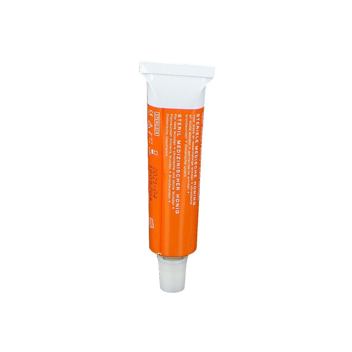 Tube honing. Wit-oranje ontwerp. Opschrift: Steriele medische honing. Productinformatie.