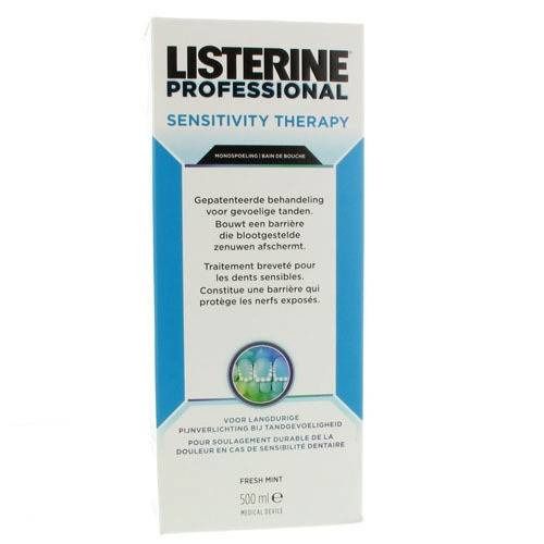 Emballage Listerine Professional Sensitivity Therapy. Blanc, bleu et vert. Texte: Fresh Mint, 500 ml.
