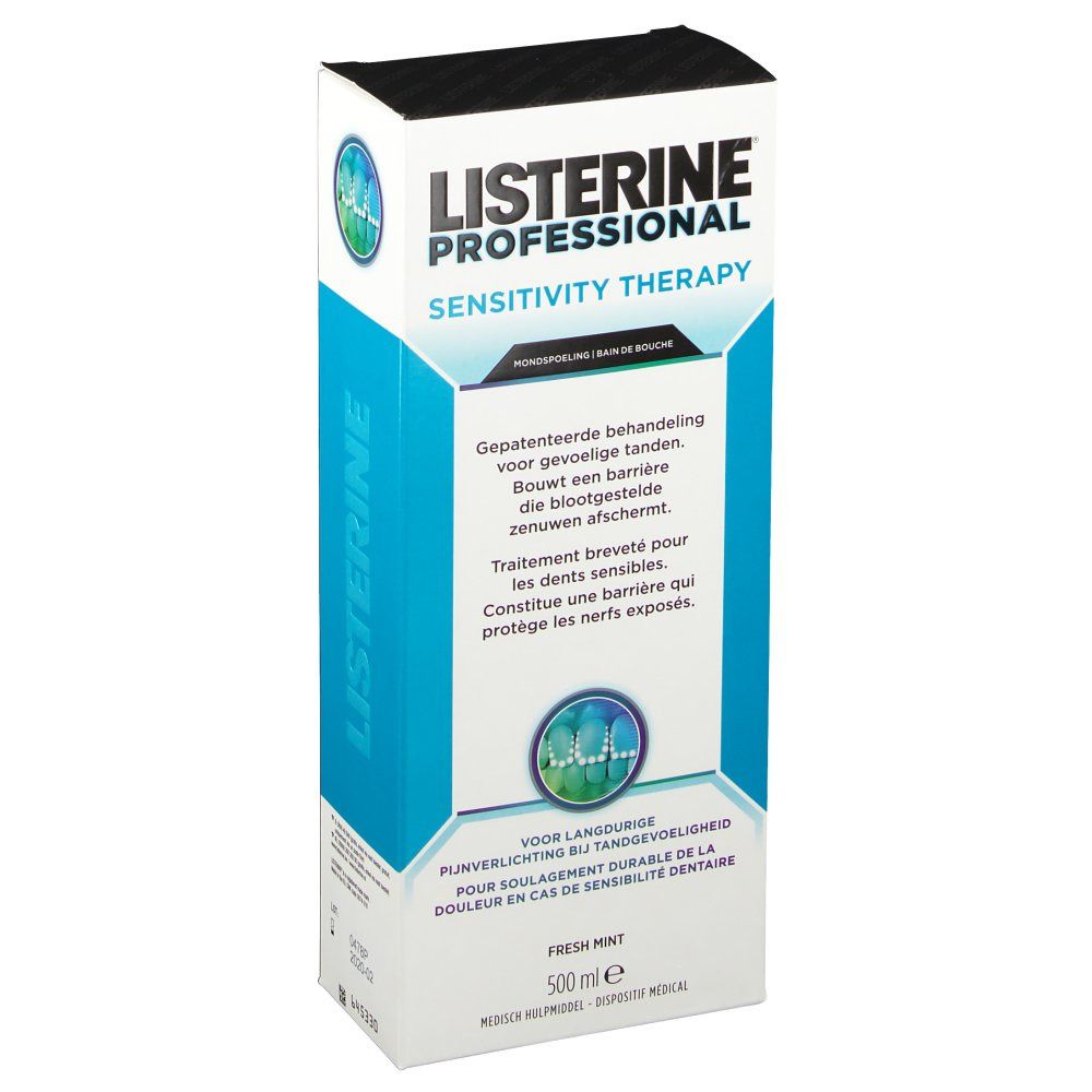 Emballage Listerine Professional Sensitivity Therapy. Blanc, bleu et vert. Texte: Fresh Mint, 500 ml.