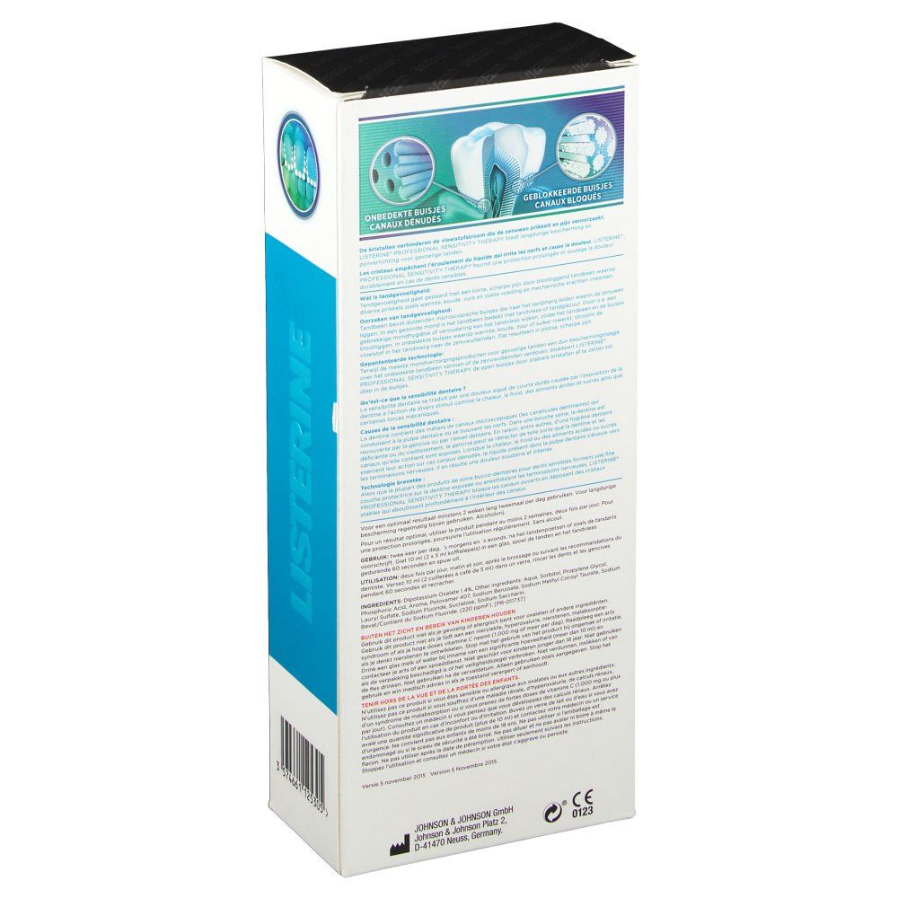 Dos de l'emballage Listerine Professional Sensitivity Therapy. Texte et graphiques sur fond blanc.
