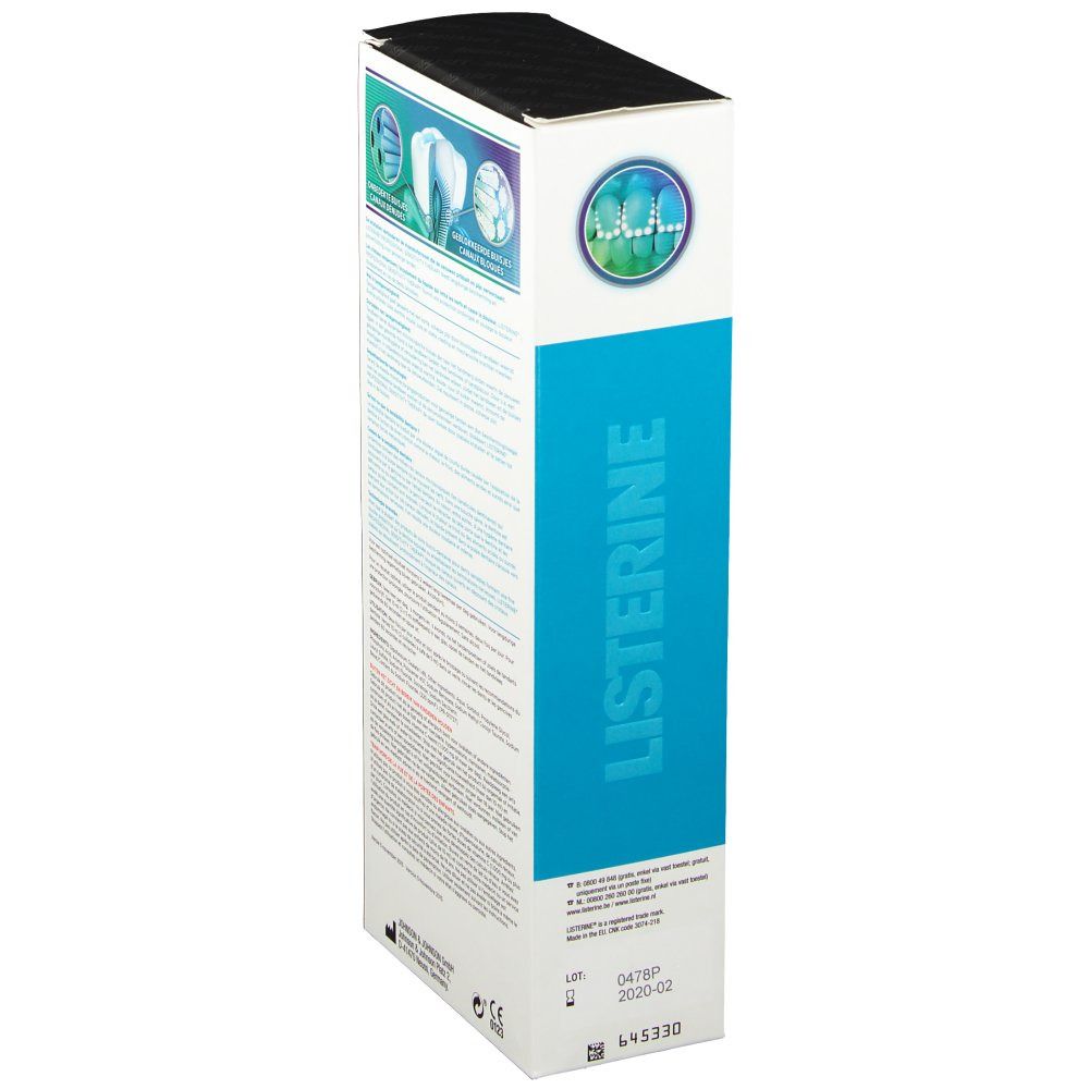 Emballage Listerine Professional Sensitivity Therapy. Blanc, bleu et vert. Texte et logos.