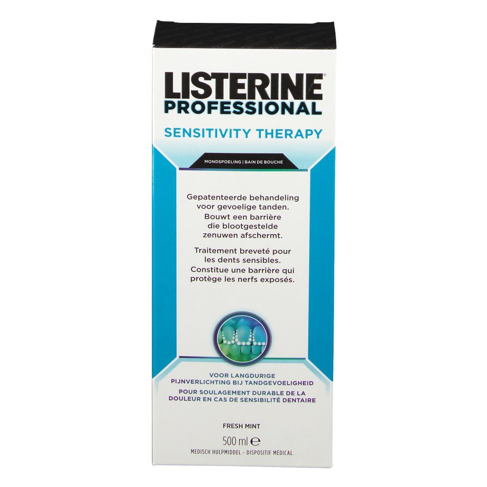 Emballage Listerine Professional Sensitivity Therapy. Blanc, bleu et vert. Texte: Fresh Mint, 500 ml.