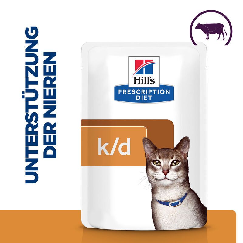 Katze neben Futterbeutel. Aufschrift: Hill's Prescription Diet, k/d, Unterstützung der Nieren.