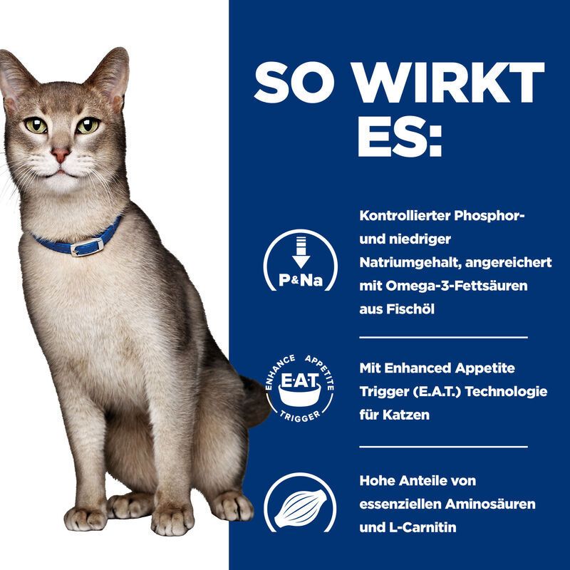 Katze mit Halsband neben Text. Text: Kontrollierter Phosphor, Omega-3-Fettsäuren, Enhanced Appetite Trigger.