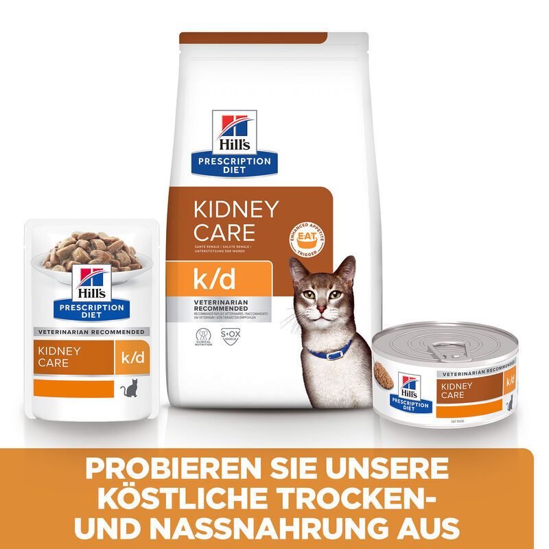 Katzenfutter-Set: Beutel, Dose, Trockenfutter. Aufschrift: Hill's Prescription Diet, Kidney Care, k/d.