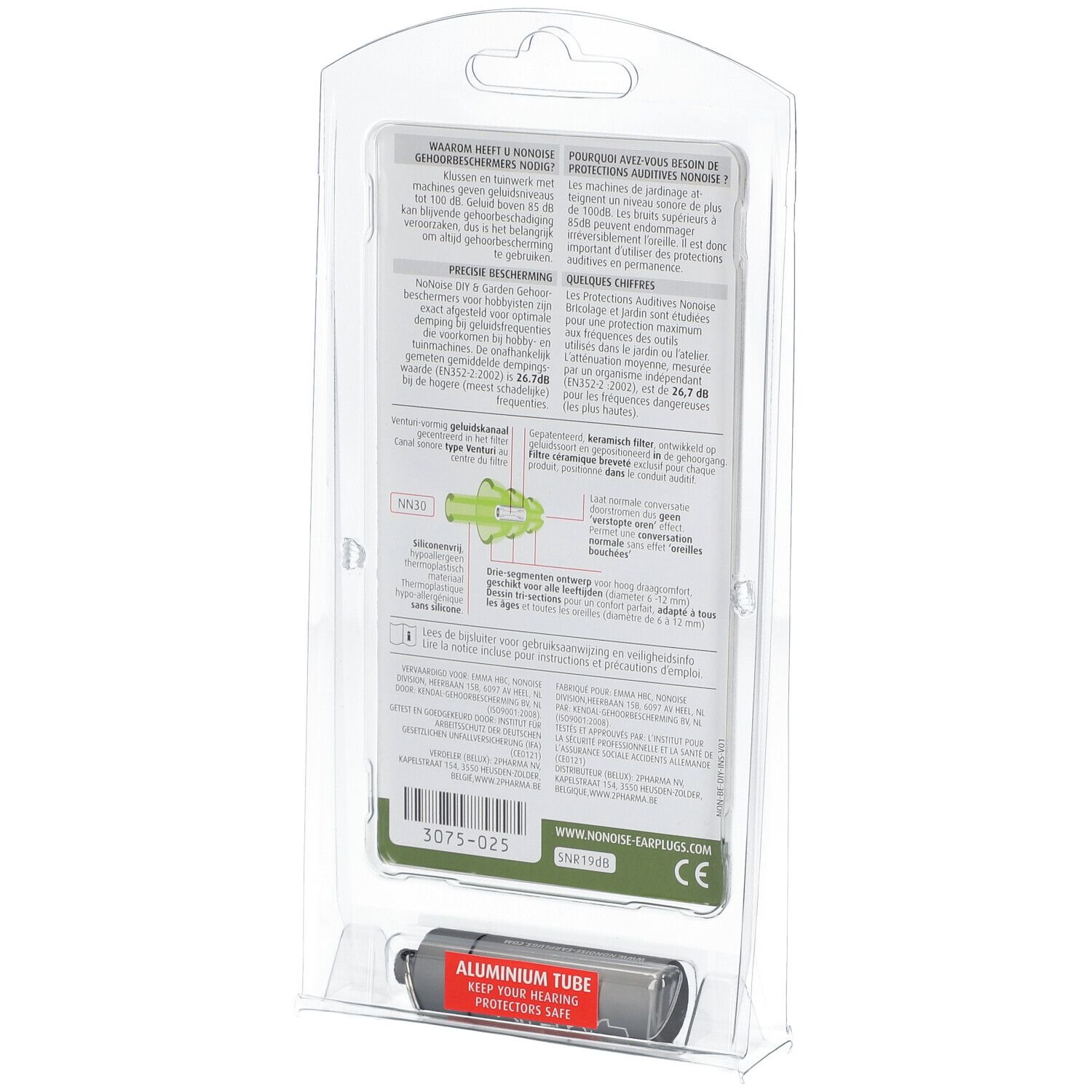 Achterkant van de verpakking. Tekstinformatie, CE-markering, aluminium buis met rode sticker.