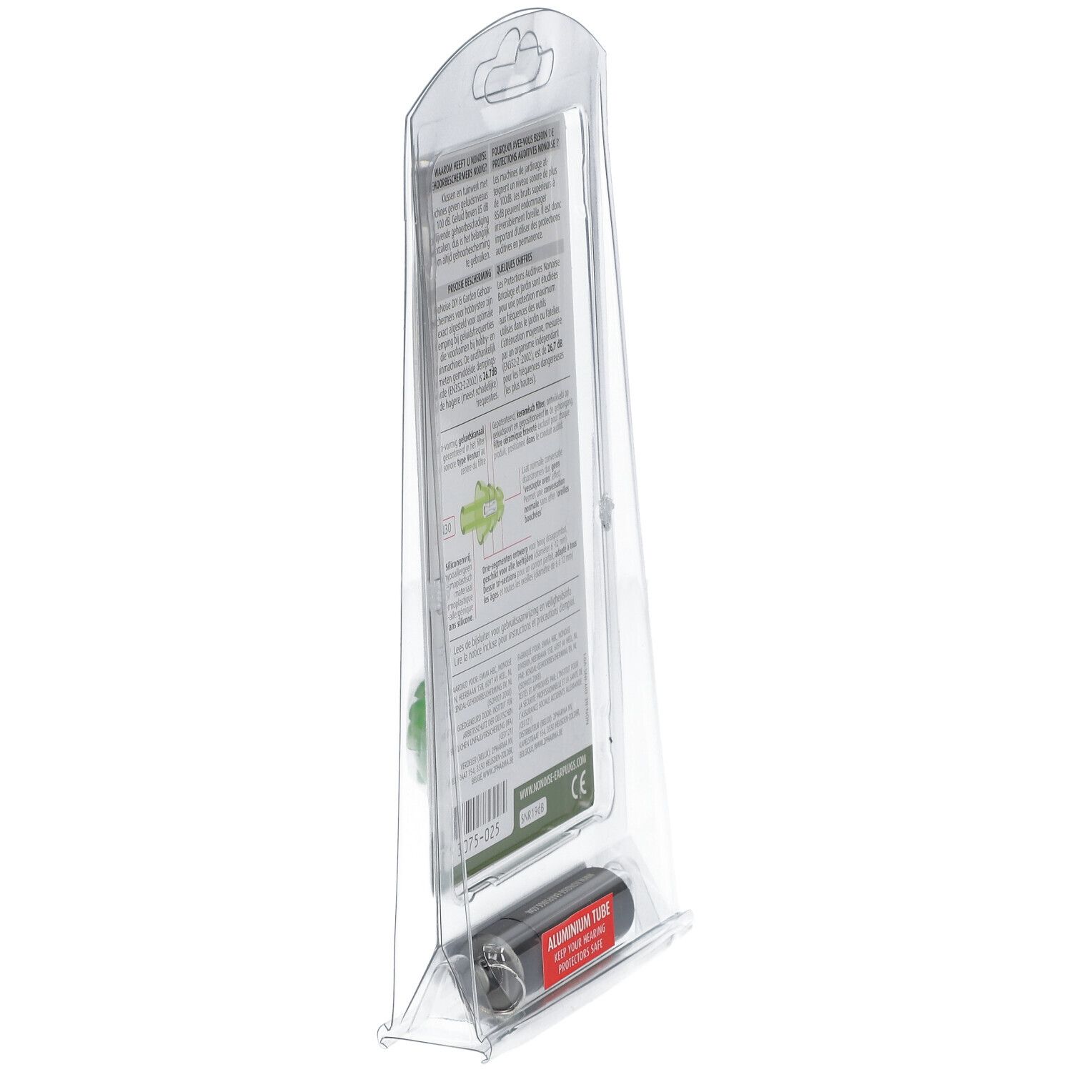 Verpakking van de zijkant. Tekstinformatie, CE-markering, aluminium buis met rode sticker.