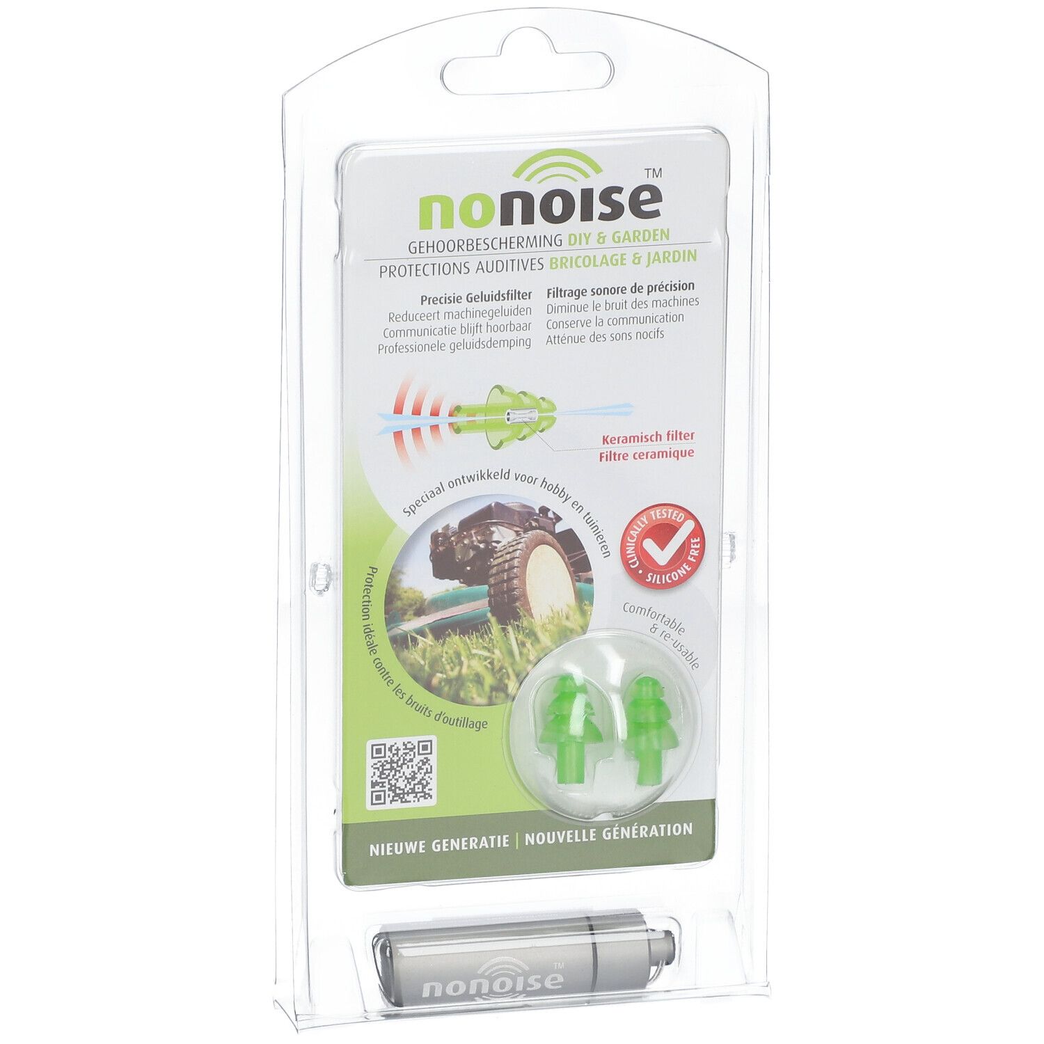 Verpakking met oordopjes. Groene oordopjes, grijze aluminium buis. Tekst: NoNoise, DIY & Garden.