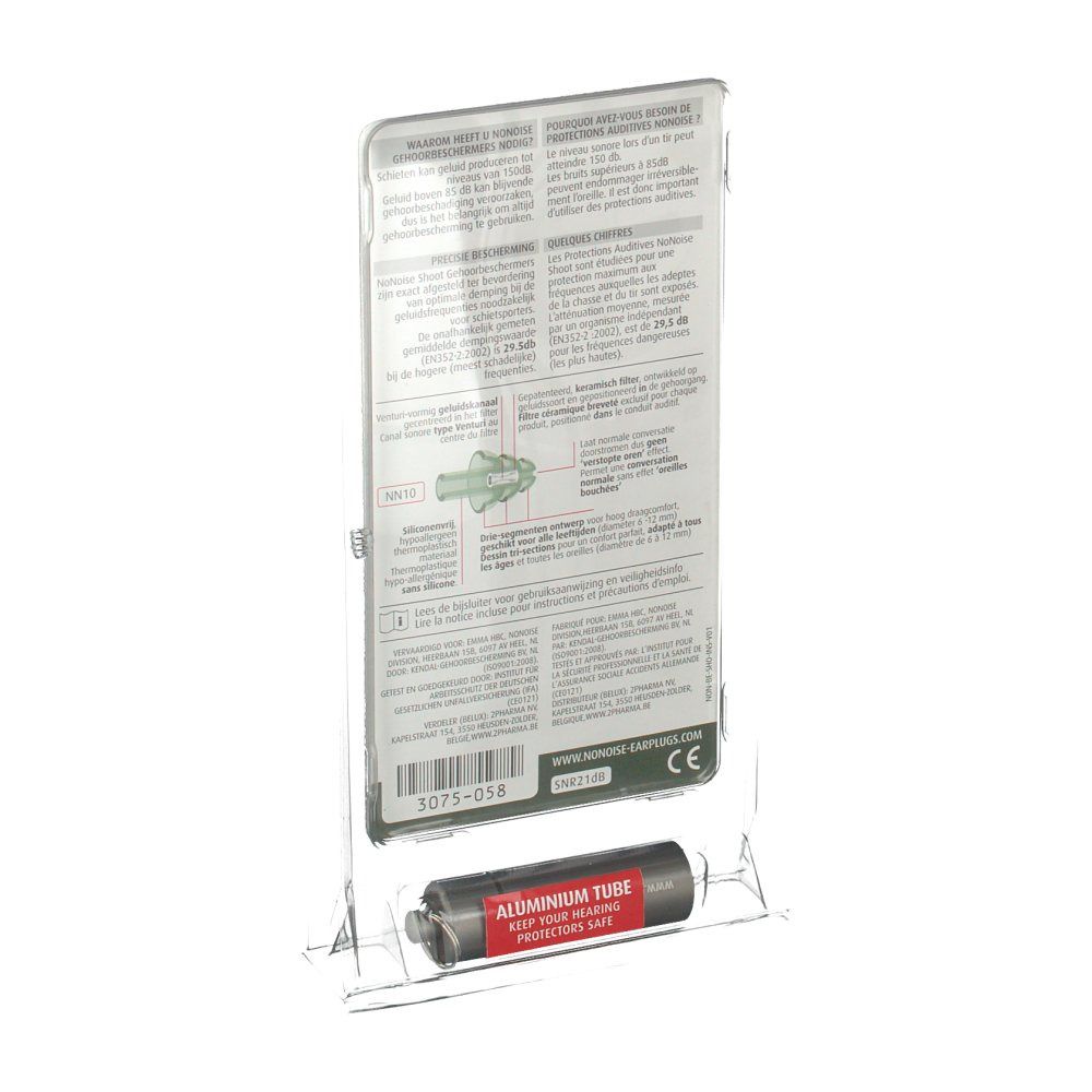 Achterkant van de displayverpakking met gehoorbescherming. Grijze metalen huls met rode sticker. Tekst en barcode op de verpakking.