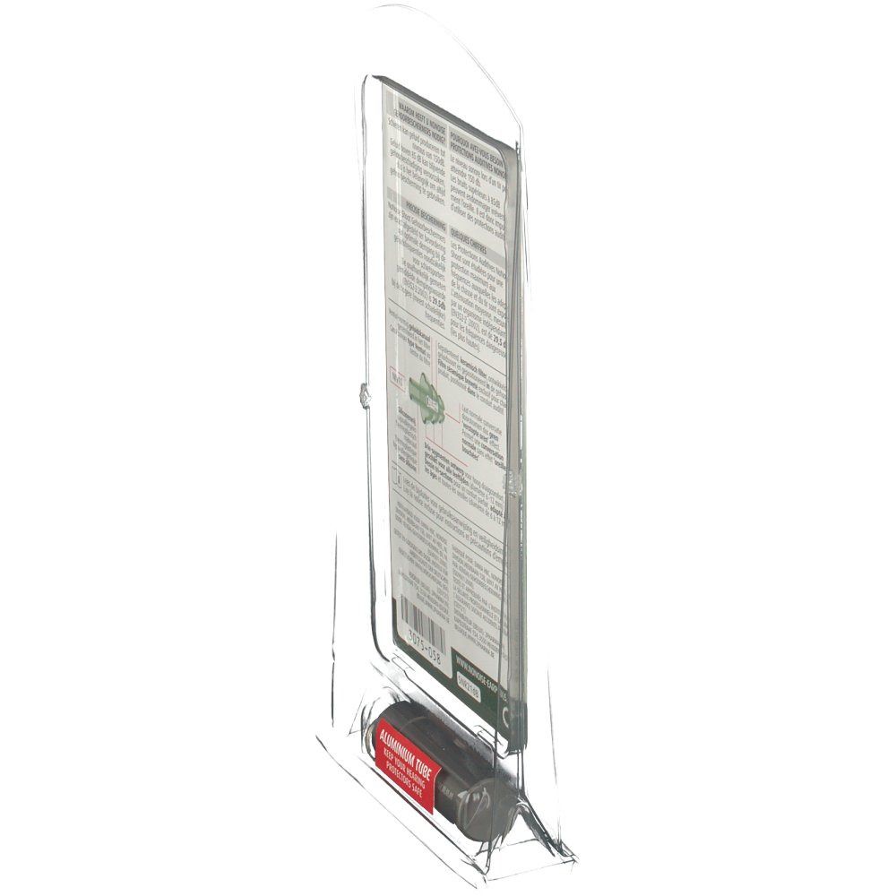 Zijaanzicht van de displayverpakking met gehoorbescherming. Grijze metalen huls met rode sticker. Tekst op de verpakking.