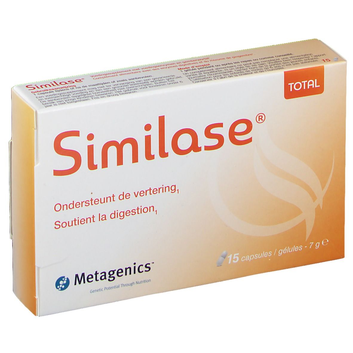 Boîte Similase Total. Blanche et orange, avec nom et texte du produit. Contient 15 gélules.