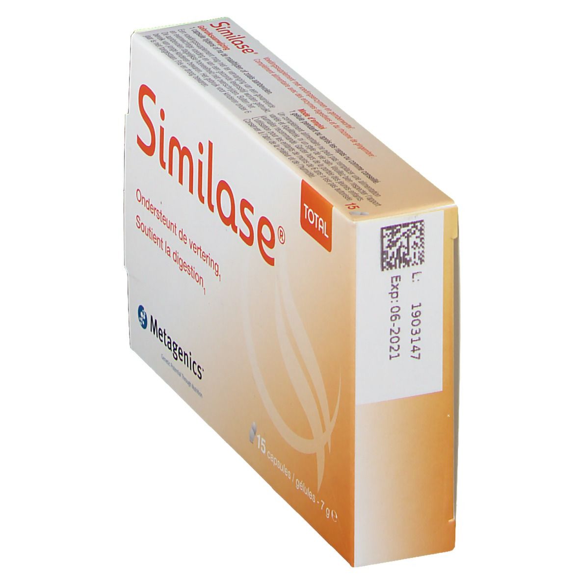 Boîte Similase Total en biais. Blanche et orange, avec nom et texte du produit. 15 gélules.