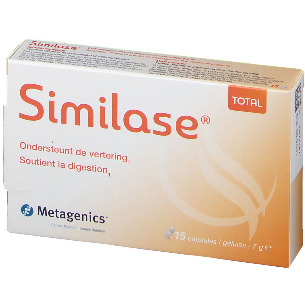 Boîte Similase Total. Blanche et orange, avec nom et texte du produit. Contient 15 gélules.