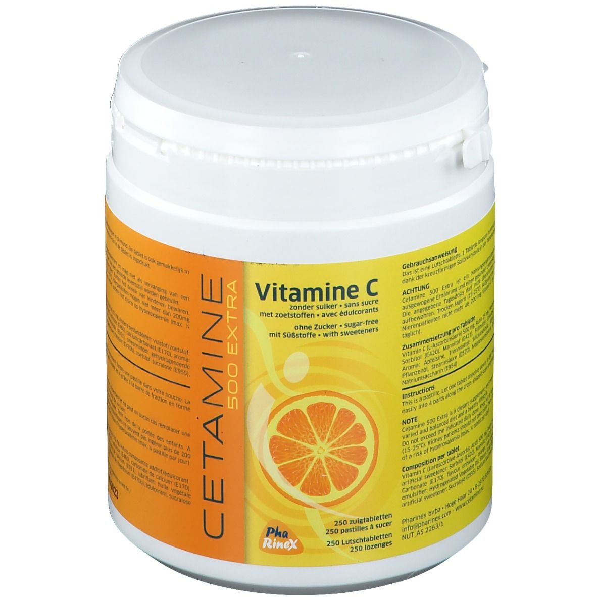 Boîte blanche avec étiquette orange. Inscription: CETAMINE 500 EXTRA Vitamine C, sans sucre. Contient 250 comprimés à sucer.