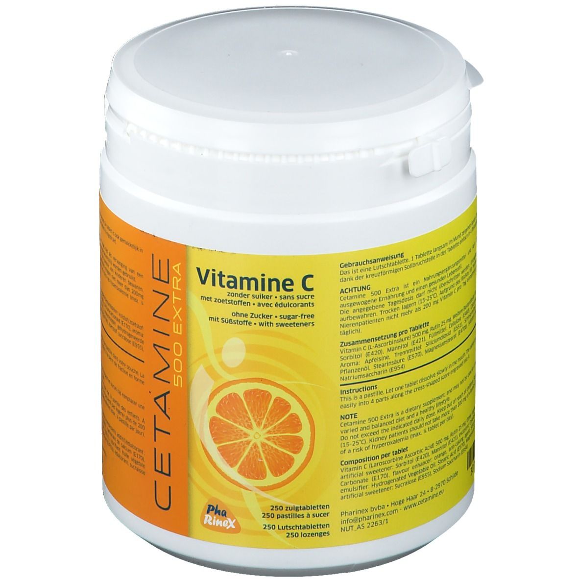 Boîte blanche avec étiquette orange. Inscription: CETAMINE 500 EXTRA Vitamine C, sans sucre. 250 comprimés à sucer.