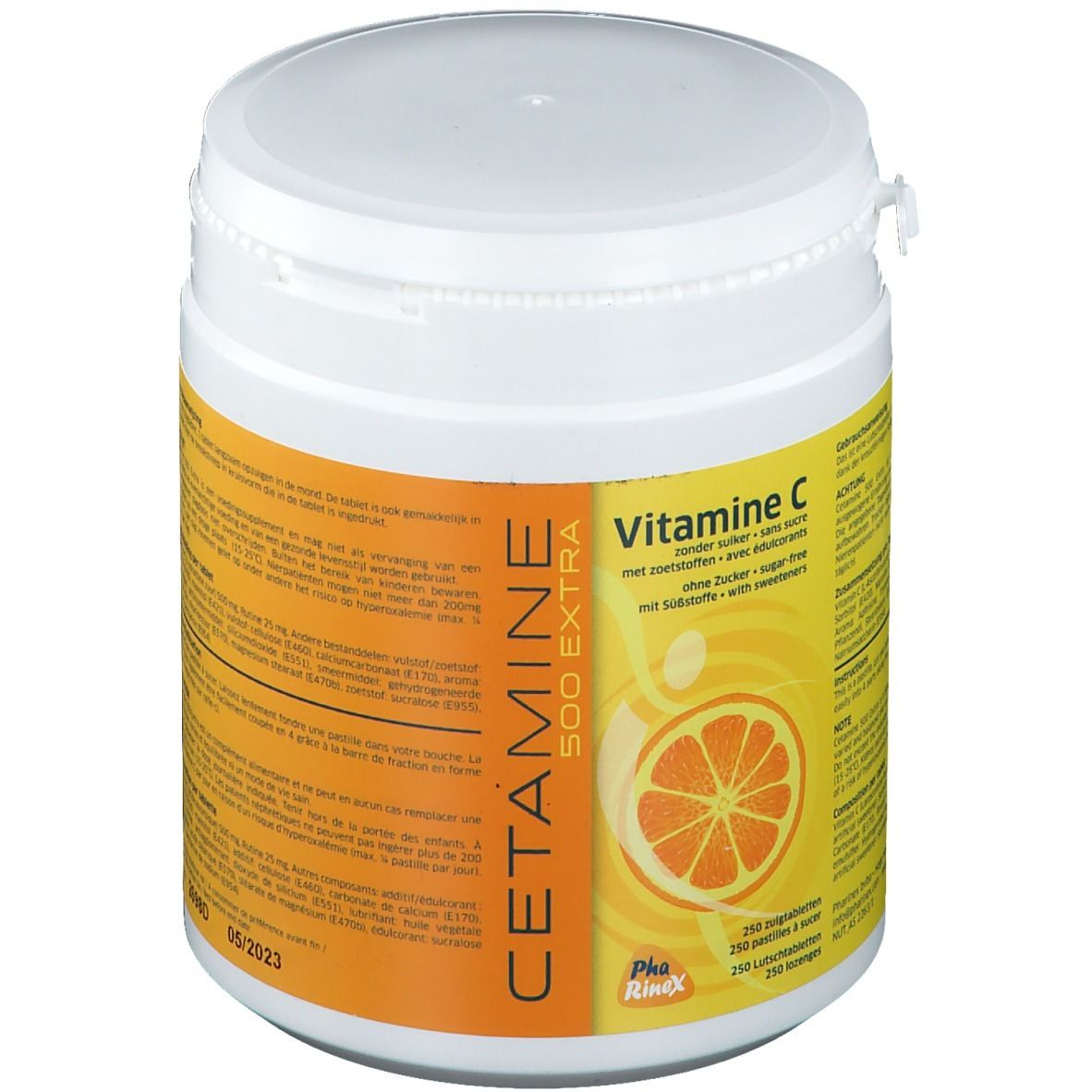 Boîte blanche avec étiquette orange. Inscription: CETAMINE 500 EXTRA Vitamine C, sans sucre. 250 comprimés à sucer.