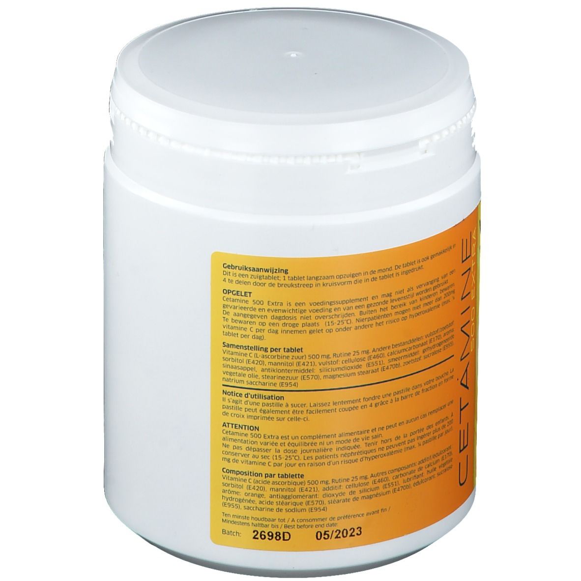 Boîte blanche avec étiquette orange. Inscription: CETAMINE 500 EXTRA. Détails et numéro de lot.