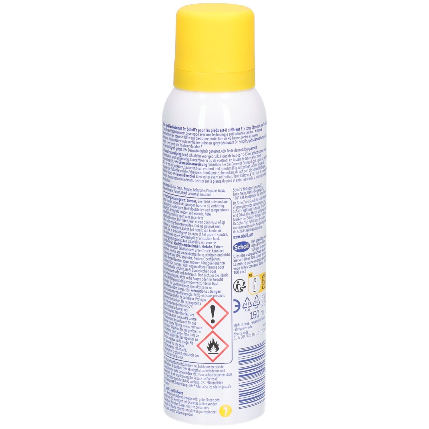 Rückseite der Sprühdose. Aufschrift: Dr. Scholl's, Fußdeo, 48H Schutz. Warnhinweise und Text. 150 ml.