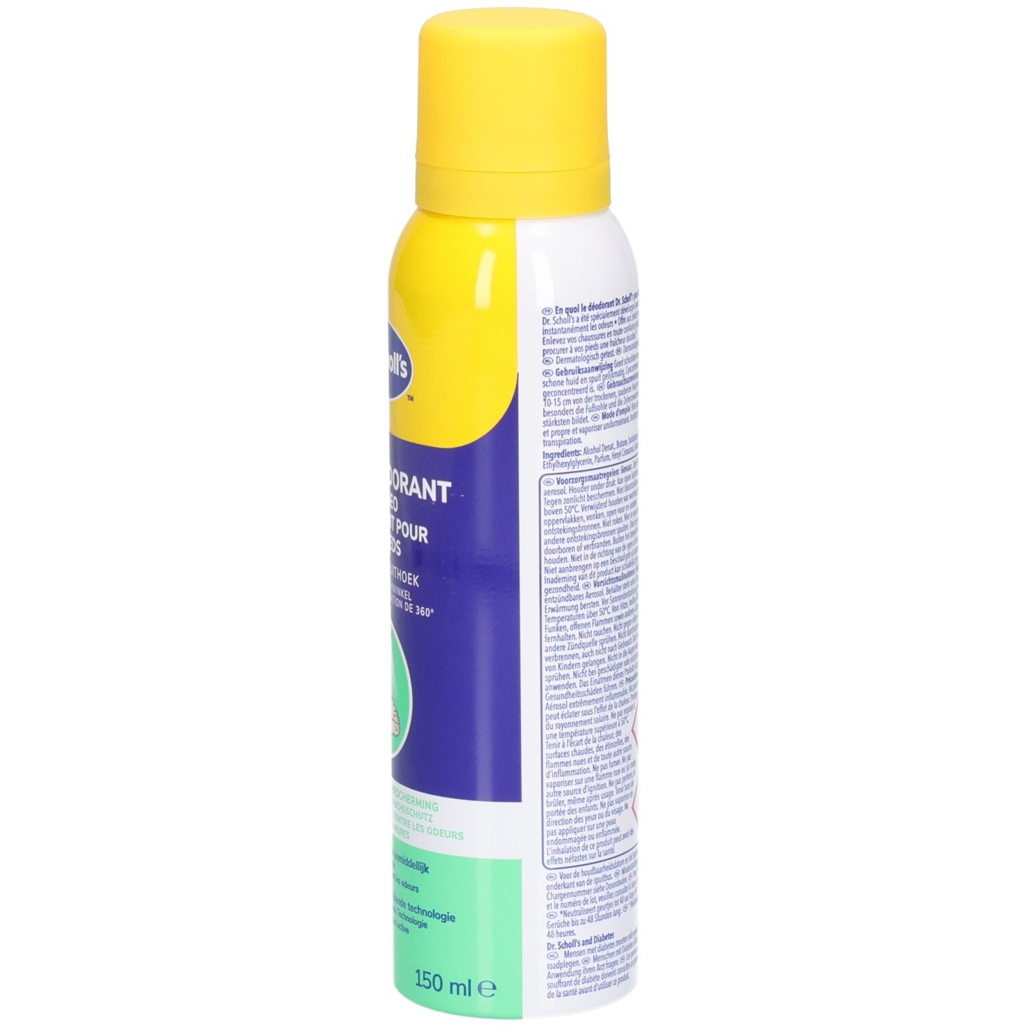 Seitenansicht der Sprühdose. Aufschrift: Dr. Scholl's, Fußdeo, 48H Schutz. 150 ml. Text.