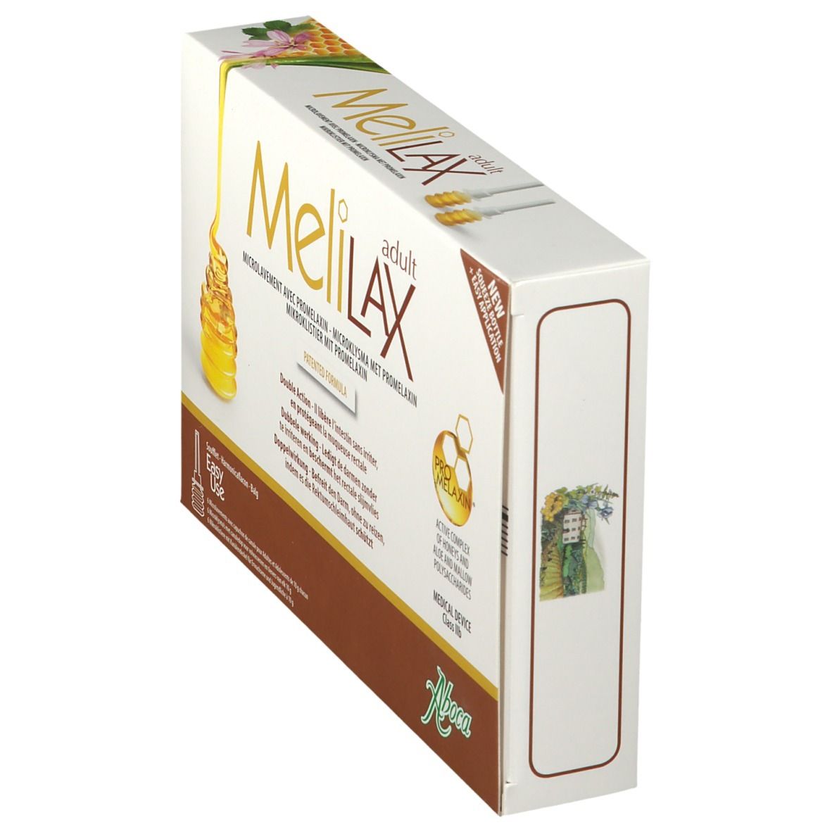 Schuine weergave van de Melilax Adult-verpakking. Opschrift: Microklysma met Promelaxin. Aboca-logo. Medisch hulpmiddel.