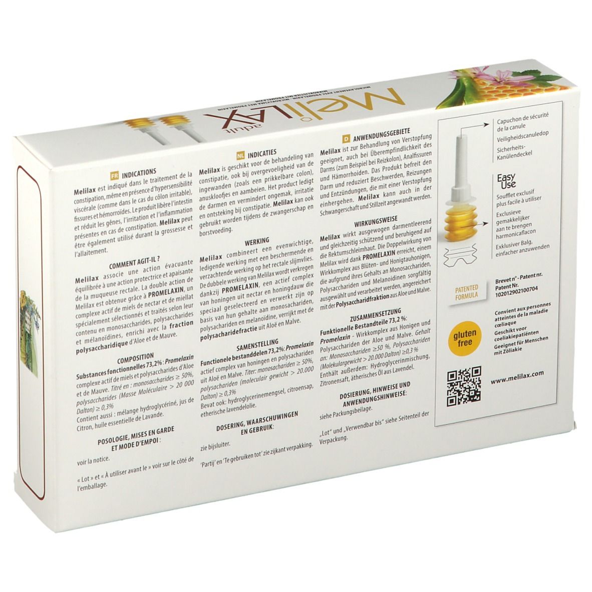 Achterkant van de Melilax Adult-verpakking. Tekstinformatie, Aboca-logo. Glutenvrij-symbool. Medisch hulpmiddel.