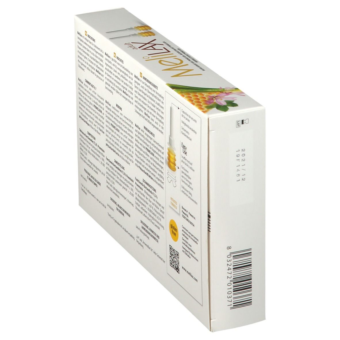 Schuine weergave van de Melilax Adult-verpakking. Tekstinformatie, barcode. Aboca-logo. Medisch hulpmiddel.