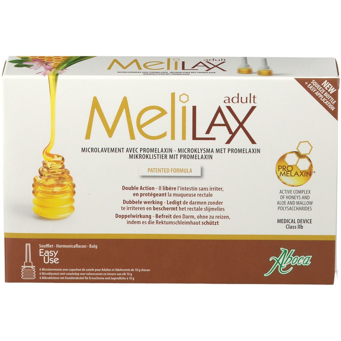 Verpakking van Melilax Adult. Opschrift: Microklysma met Promelaxin. Aboca-logo. Medisch hulpmiddel.