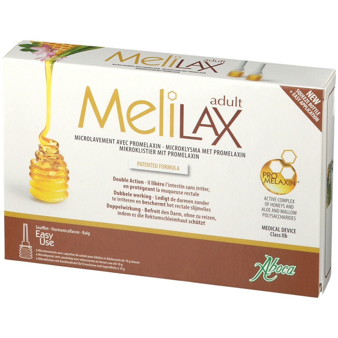 Verpakking van Melilax Adult. Opschrift: Microklysma met Promelaxin. Aboca-logo. Medisch hulpmiddel.