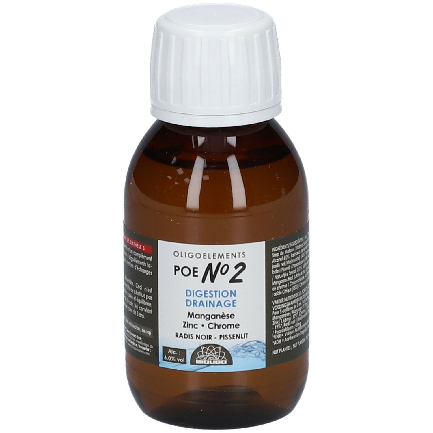 Bruine glazen fles met witte dop. Opschrift: Oligoelements POE N°2 Digestion Drainage. Bevat mangaan, zink, chroom, radis noir, pissenlit.