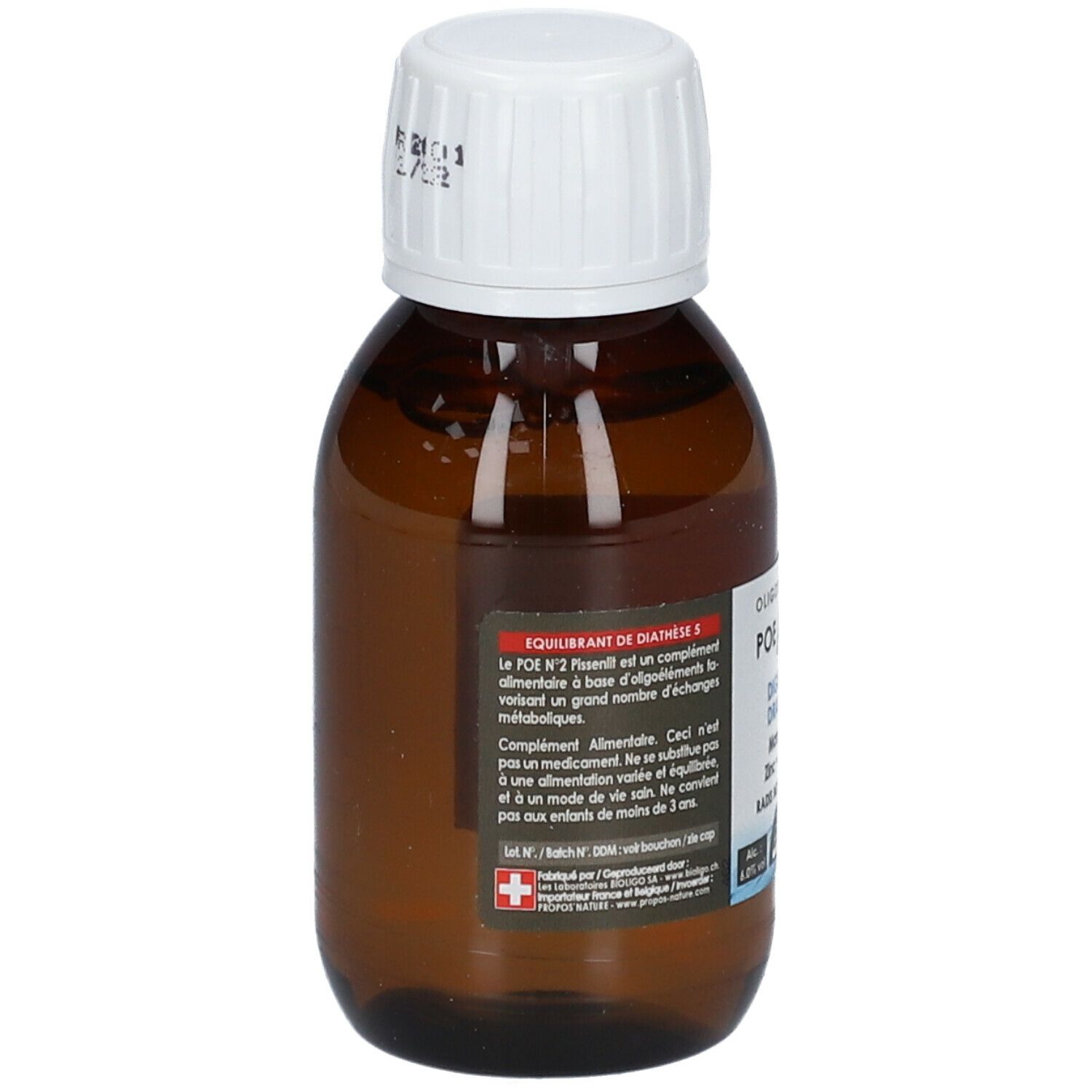 Bruine glazen fles met witte dop. Opschrift: POE N°2. Bevat informatie over het product. Zwitsers kruis.