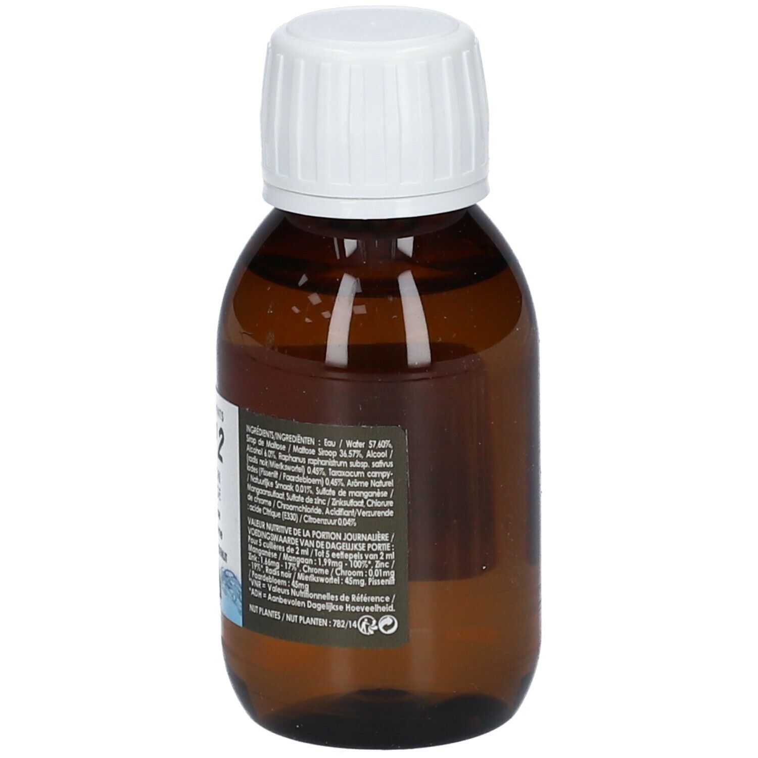 Bruine glazen fles met witte dop. Opschrift: POE N°2. Bevat informatie over de ingrediënten.