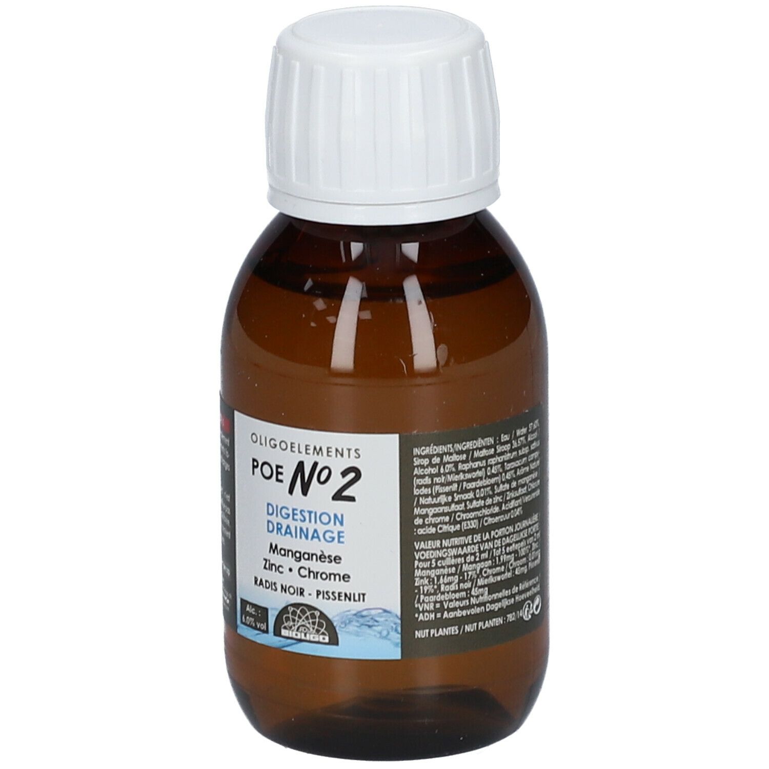 Bruine glazen fles met witte dop. Opschrift: Oligoelements POE N°2 Digestion Drainage. Bevat mangaan, zink, chroom, radis noir, pissenlit.
